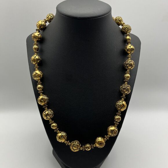 Vintage 1940s Gold Tone Textured Rose Bud Ball Bead Necklace 21" Floral MCM - Picture 1 of 6